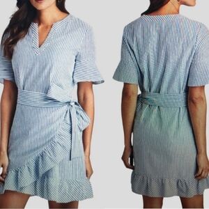 VINEYARD VINES Seersucker Dress Size 12 Blue Wrap Ruffle Ocean Reef